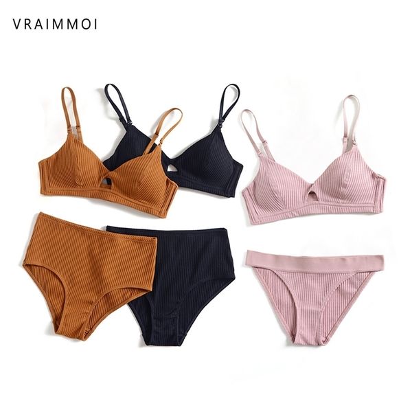 

women push up bra set cotton modal underwear set hollow plunge striped pattern bras and panty sets lj201211, Red;black