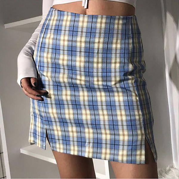

2020 summer new women back zipper opening plaid print 6 color skirt with two small front plaid mini skirts kawaii v003, Black