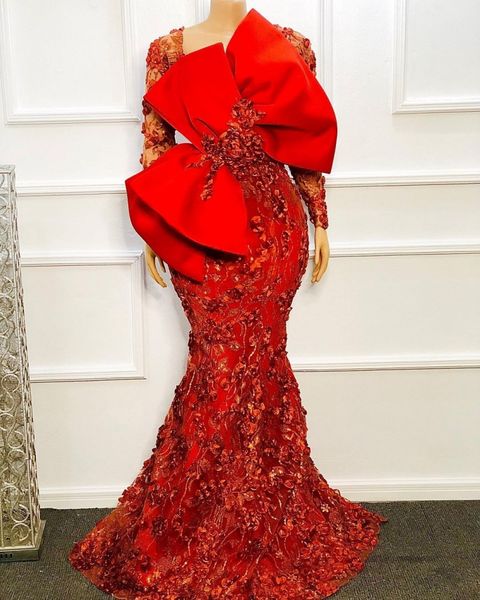 

robe de soirÃ©e red evening dresses 2021 long sleeve african mermaid prom dress with 3d floral appliqued arabic vestidos formales, Black