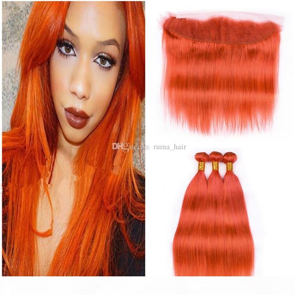 

orange lace frontal with bundles peruvian virgin hair silk straight hair bundles with 13x4 lace frontal orange hair weaves 4pcs lot, Black;brown