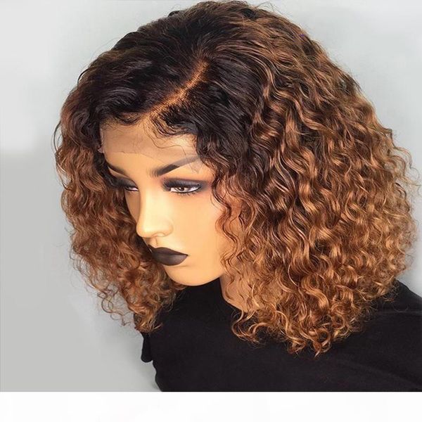 

1b 27 ombre 13x6 bob lace front human hair wigs with baby hair pre plucked brazilian virgin kinky curly wig for black women, Black;brown