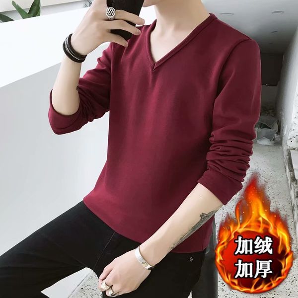 

men's autumn and plush thickened v-neck long sleeve winter warm clothes versatile t-shirt solid color bottom coat, White;black