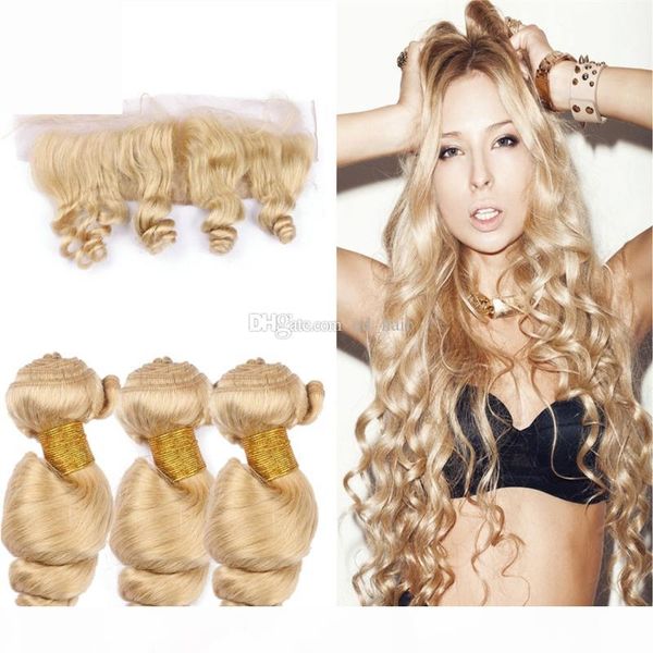 

blonde #613 loose curly hair with lace frontal 13*4 blench blonde loose wave 3pcs hair bundles with ear to ear lace frontal closure, Black