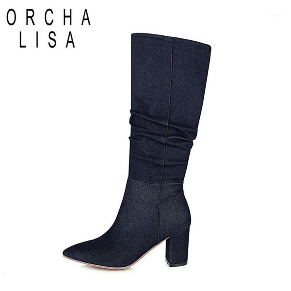 

orchalisa winter knee-high boots wide leg 5cm square heels pu slip-on pleated big size 34-43 black white red blue work c20501