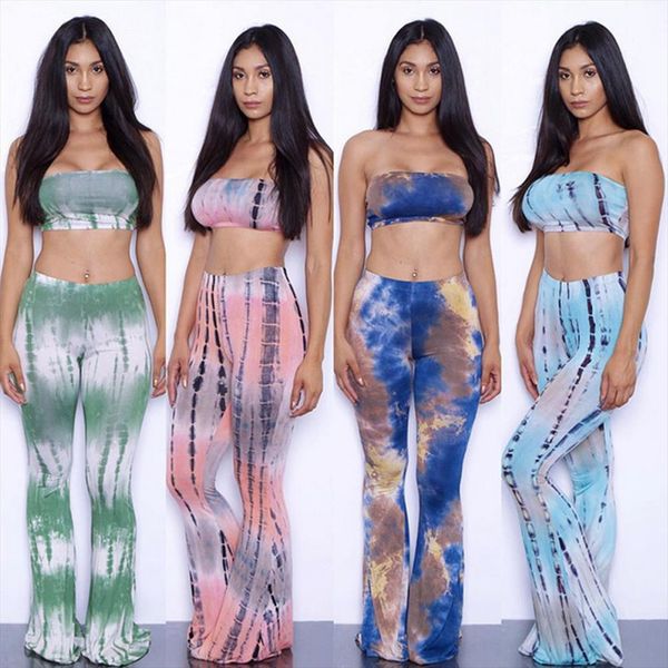 

large size 2 piece set women tie dye flare pants set bandage strapless tube crop wide leg pants bell bottoms tracksuit, Gray