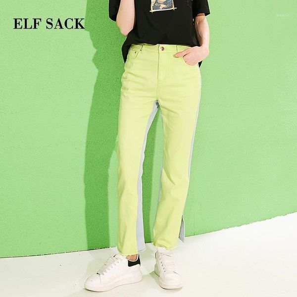 

elf sack 2019 new woman jeans cotton mid contrast patchwork full length woman pants oversized kpop denim trousers femme pants1, Blue