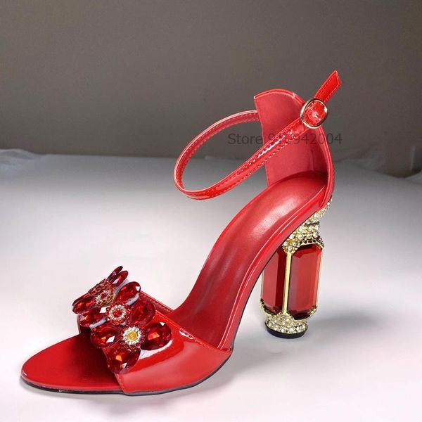 

women crystal chunky heel sandals bling bling red beaded jewelry wedding shoes ankle strap patent leather ladies party heels, Black