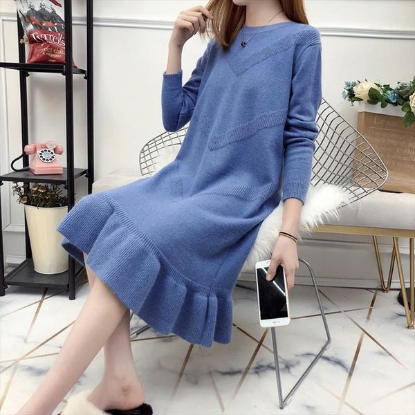 

new ruffle loose sweater dress women autumn winter 2020 casual long sleeve dresses female plus size 3xl long knitted clothes, Black;gray