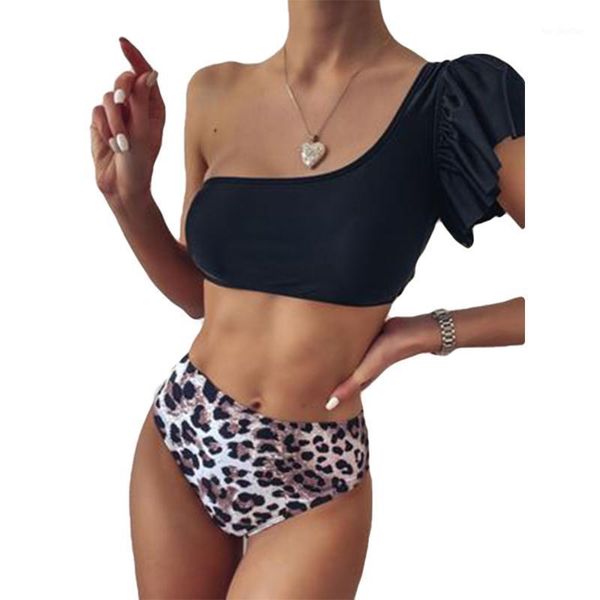 

women's swimwear women's bikinis 2021 one shoulder bikini suits ruffles leopard high waist thong split swimsuit swimming cost, White;black