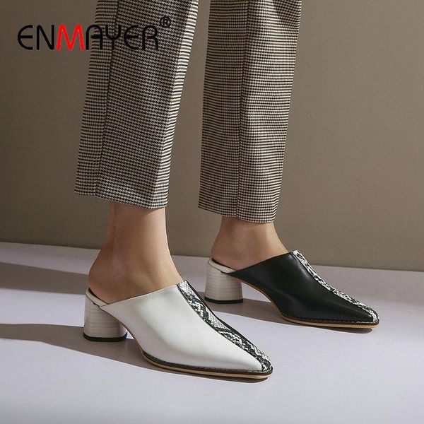 

enmayer women mules round high heels casual slip-on 2020 fashion women shoes high heel classics mixed color wedding shoes 34-42, Black