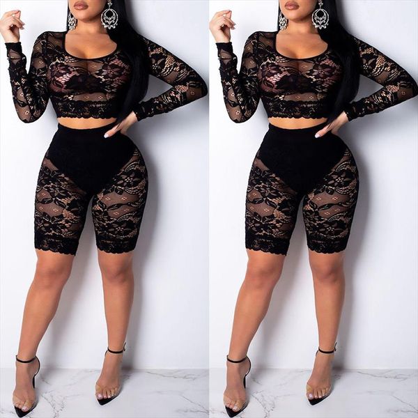 

women tracksuit 2019 fashionholy trendy see through white lace two piece shorts set pants drop shipping, Gray