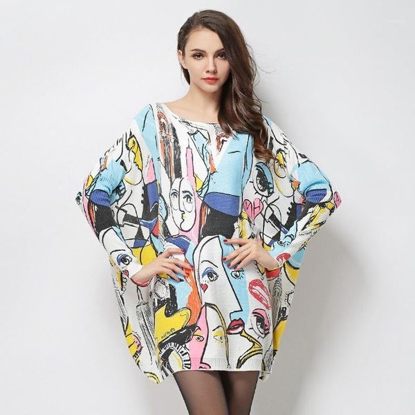 

women's sweaters lugentolo long sweater women fall fashion print plus size loose casual flat knitted pullovers o-neck batwing sleeve 1, White;black