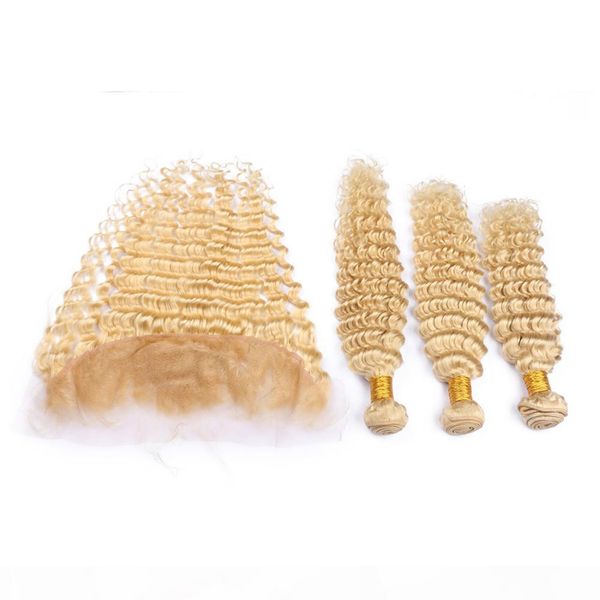 

brazilian blonde virgin human hair weave bundles with frontals deep wave #613 blonde 13x4 lace frontal closure with virgin hair wefts, Black;brown