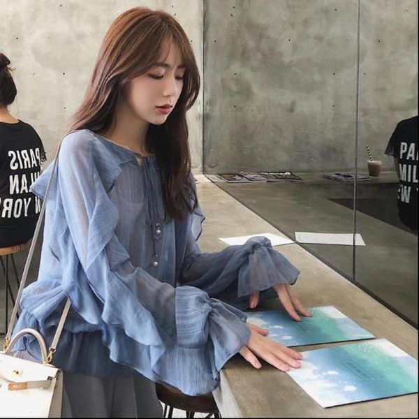 

2021 spring new arrival korean style ruffle blouse fairy temperament loose chiffon shirt full sleeve ruffled shirt ing, White