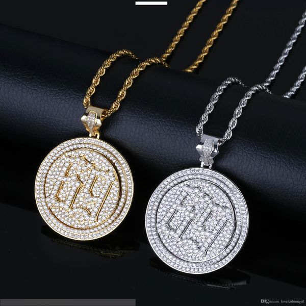 

hip hop necklace jewelry luxury exquisite 18k gold plated spin circle pendant necklace grade quality zircon six nine necklace ln039, Silver