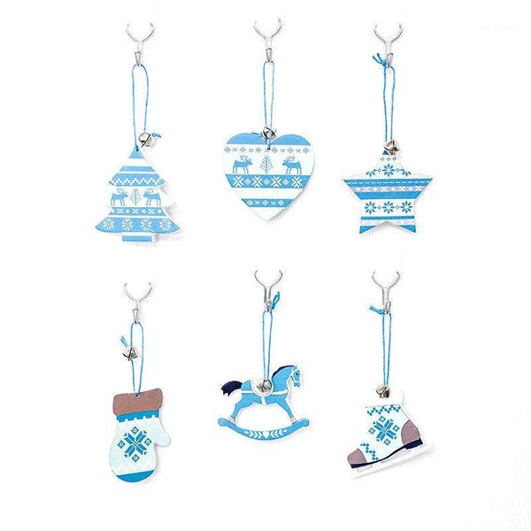 

christmas decorations 3 pcs wooden craft hanging ornaments drop pendant blue painted gloves shoes heart star xmas tree decoration 7*7 cm1