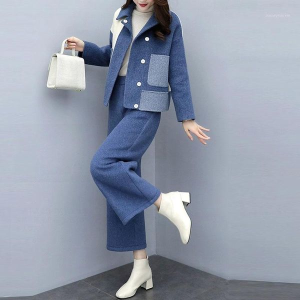

women's tracksuits autumn winter woolen two piece sets outfits women plus size coat and wide leg pants suits elegant korean 2021 rh8791, Gray