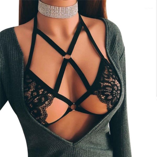 

goth women bralette strappy crop halter bustier bandage cage bra lace corset underwear body belt bra cupless1, Red;black