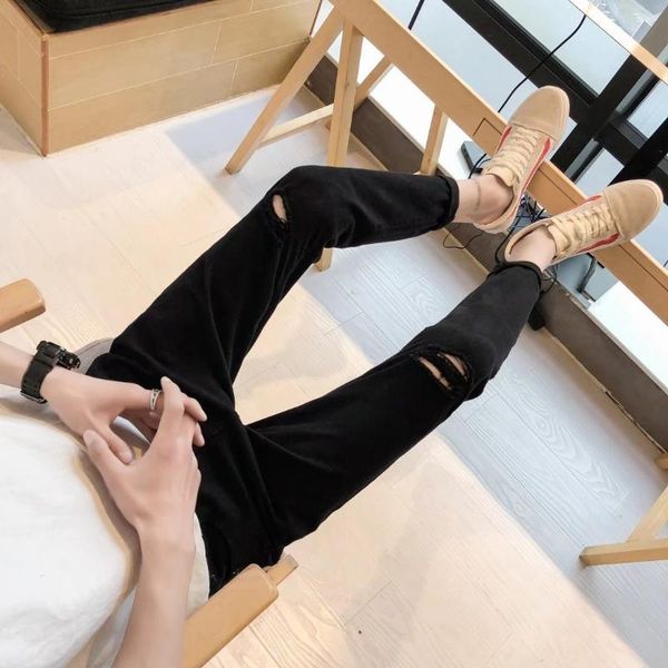 

2020 autumn & winter men capri bla jeans korean-style trend knee a- line ripped pants slim fit casual pants, Blue