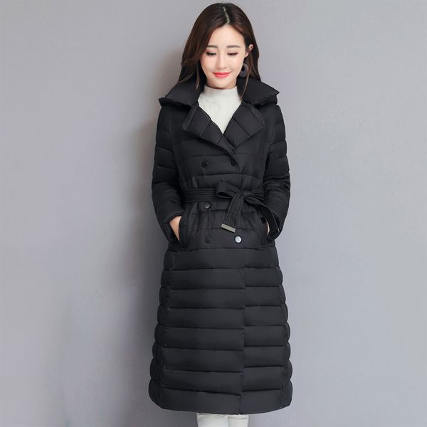 

2021 newdesign winter jacket women turn-down collar breasted buttons with belt female coat ladies elegant long a09t, Black