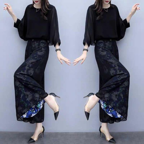 

2 piece sets womens outfits temperament slim large size women's two-piece womens chiffon suit interior printed wide-leg pants1, White