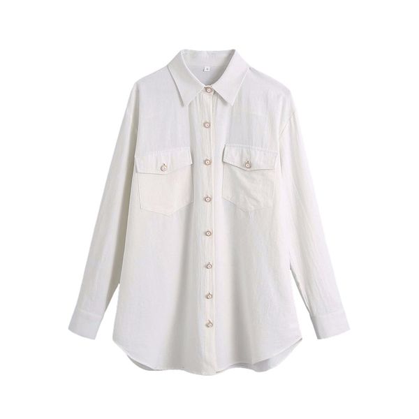 

2021 new elegant women solid pearl button shirts fashion ladies pocket cotton streetwear female down collar blouses, White