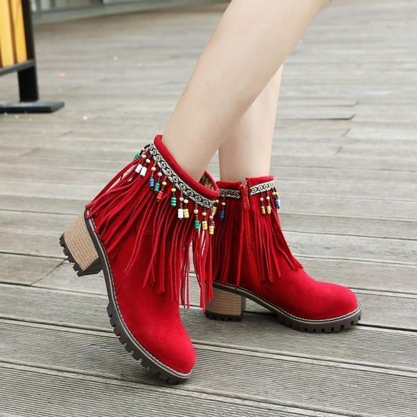 

boots pxelena bohemia beads ethnic women tassel ankle flock round toe chunky block high heels fringe ladies shoes 2021 1, Black