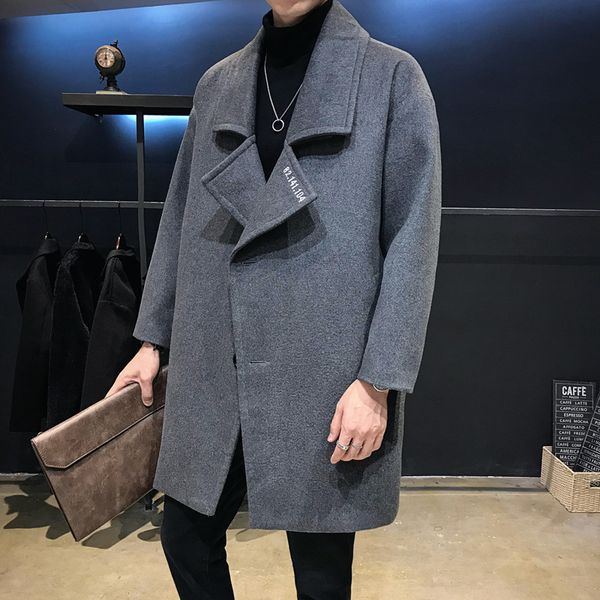 

2019 new korean trend tweed men's coat knee length windbreaker, Tan;black