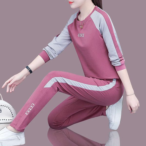

leisure sports spring autumn 2020 new women's cotton loose fashion running clothes two piece suit, Gray