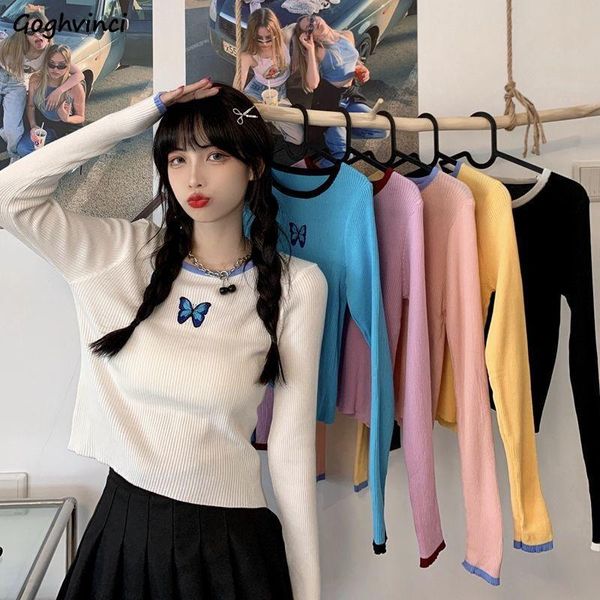 

women pullovers autumn female sweaters butterfly embroidery simple slim elastic bodycon sweet candy color korean trendy ulzzang, White;black