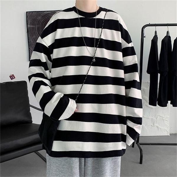 

privathinker harajuku striped t shirts for men oversized tees man casual long sleeve tshirt woman loose pullovers 5xl 220302, White;black