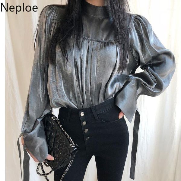 

neploe blouse women spring 2020 solid stand collar long sleeve lace up ladies blusa shirts fashion casual female 1a8951, White