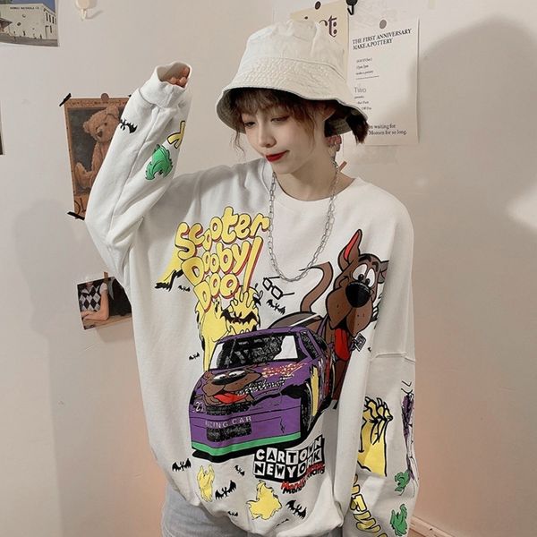 

jpgfs 2020 осень новых корейских женщин типа весело мультфильм bildd печатные модули средней длины свитер свитер свободный моды граффити, Black