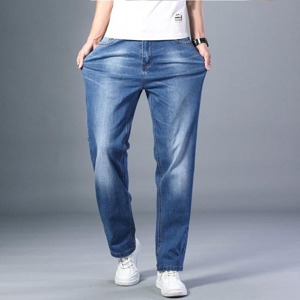 

men's jeans thin straight loose in 6 colors available for summer classic style advanced stretch pants brand, Blue