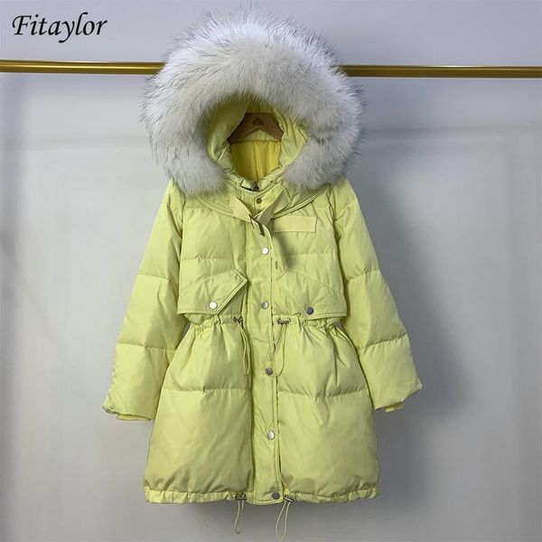 

fitaylor large artificial white fur hooded jacket warm snow yellow coat winter long outwear women white duck down thick parkas, Black