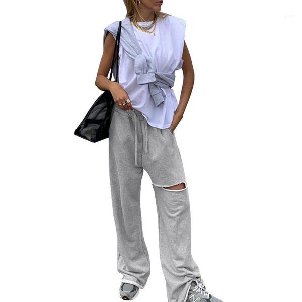 

soft comfort women pants 2020 new high waist casual cut hole pant pants running pantalones mujer wide leg loose trousers1, Black;white