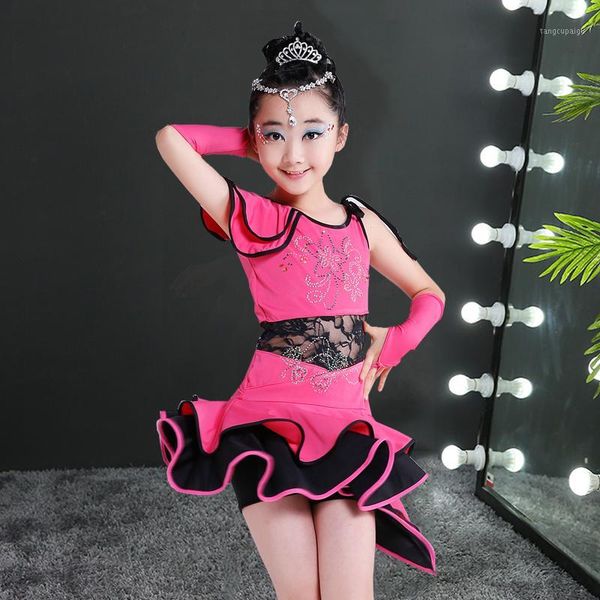 

kids children latin dance dresses ballroom dresses girls dress for dance salsa skirt dancewear latin girls rumba1, Black;red