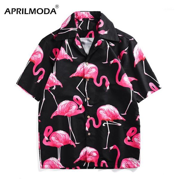 

2019 slim fit shirt men's clothing short sleeve mens dress shirts summer hawaii casual male flamingo print harujuku beach shirt1, White;black