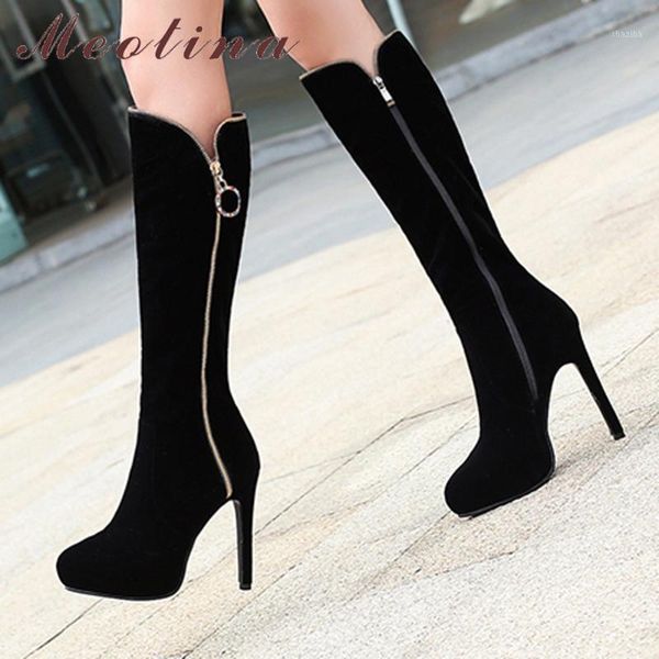 

boots meotina women knee high platform heels ladies zipper long pointed toe thin shoes black winter 33-431