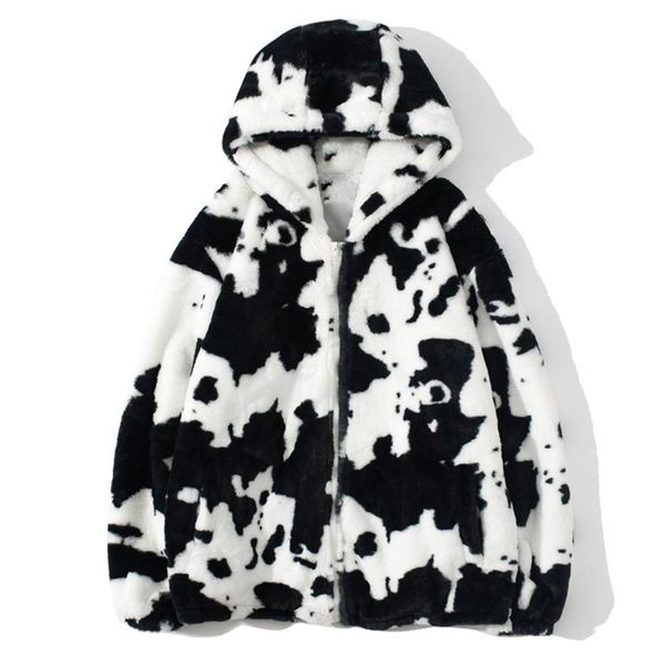 

men streetwear cow print zipper cardigan hooded coats autumn winter harajuku loose couple coat outwear hoodie lambswool jacket, Black;brown
