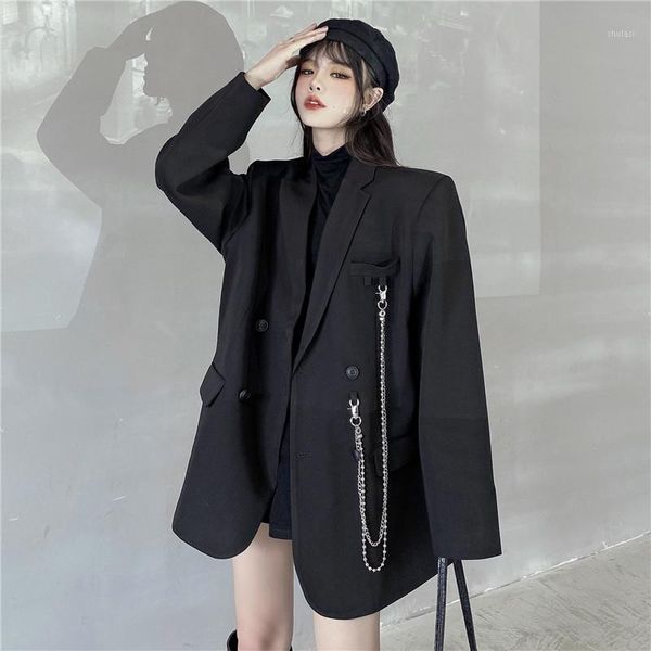 

new spring autumn women harajuku punk style black white metal chain casual fashion gothic long sleeve coat streetwear1, Tan;black