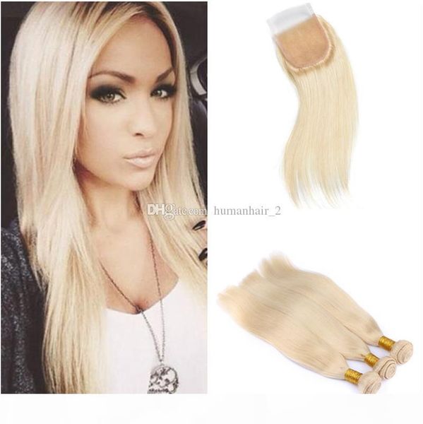 

brazilian human virgin hair blonde 613 lace closure with bundles silk straight human hair weaves platinum blonde human hair with closure, Black;brown