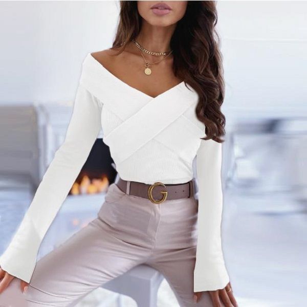 

women's blouses & shirts women's style double v-neck sweater, short long-sleeved bottoming shirt, White