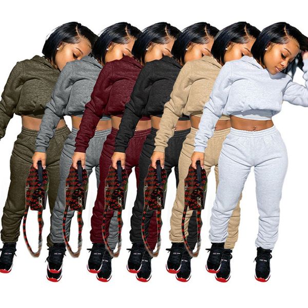 

women jogger suits fall winter tracksuits hooded hoodies crop pants solid color two piece set plus size outfits 4072, Black;gray