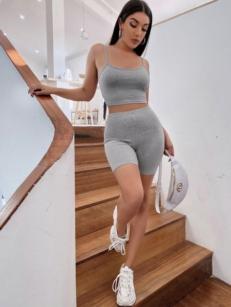 

crop solid cami & biker shorts set u3cg#, White