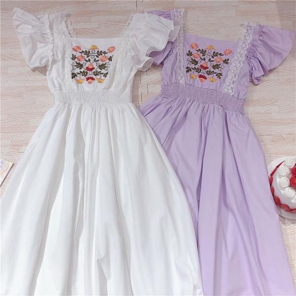 

casual dresses women square collar loose dress french summer 2021 temperament embroidery fairy ruffle mid-length high waist a-line, Black;gray