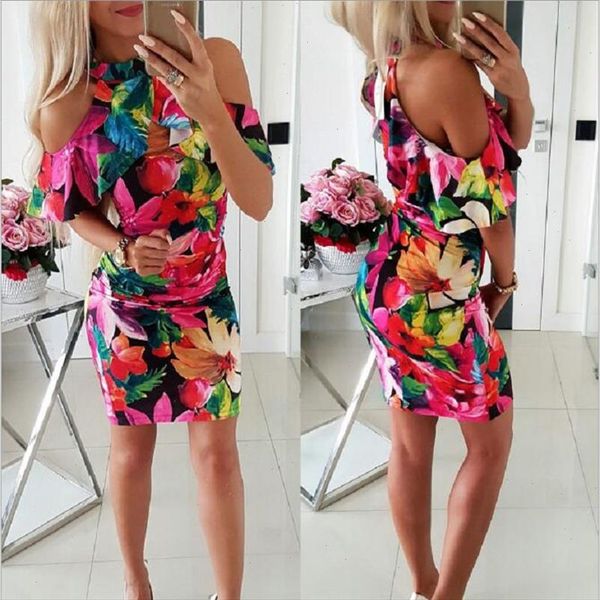 

women dress for summer 2021 fashion print halter short sleeve off shoulder mini dress female package hip summer new dress, Black;gray