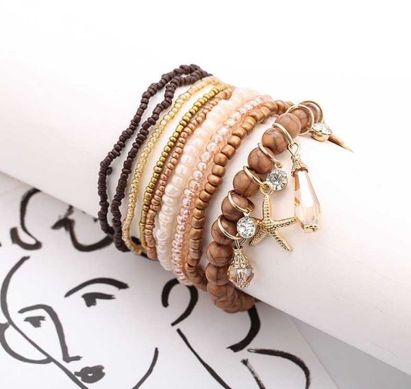 

beaded, strands 9pcs/set handcraft boutique fashion multilayer crystal stone beads strand bracelets locks bangles pulseras boho mujer, Black