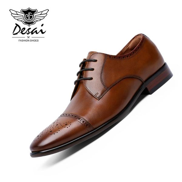 

desai 2020 men's brogue shoes three joint genuine leather business dress shoe gentleman retro formal wedding shoes for man, Black