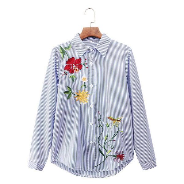 

mikialong floral embroidery blouse women striped long sleeve blouses autumn shirt women ladies office camisas mujer, White
